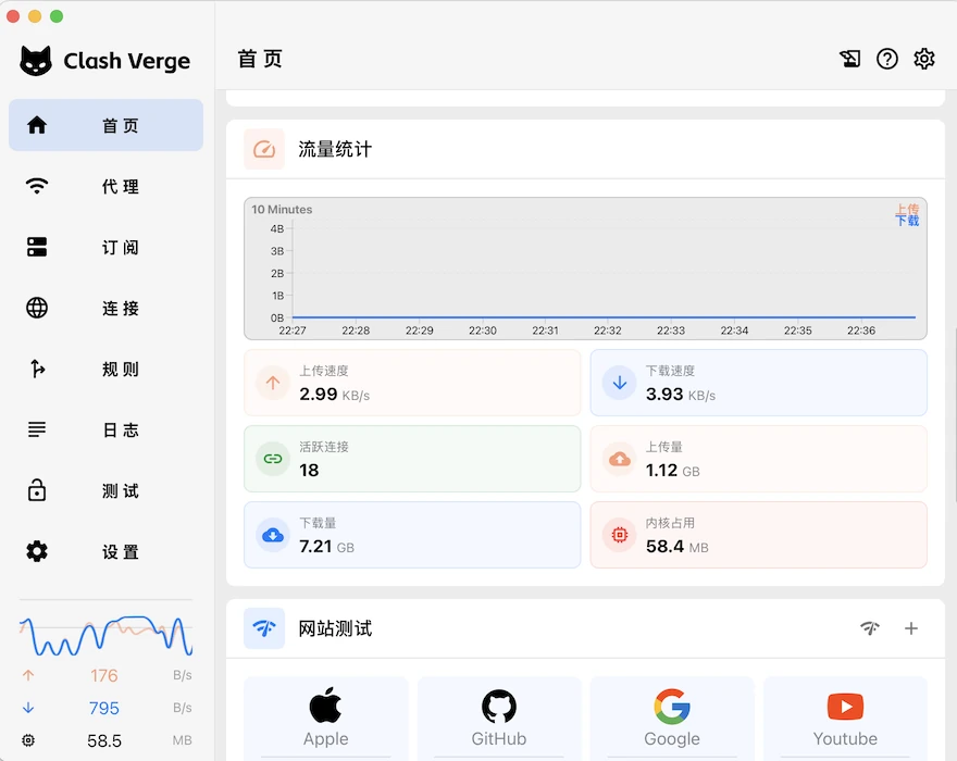 Clash Verge 中文界面中的流量统计与功能侧栏